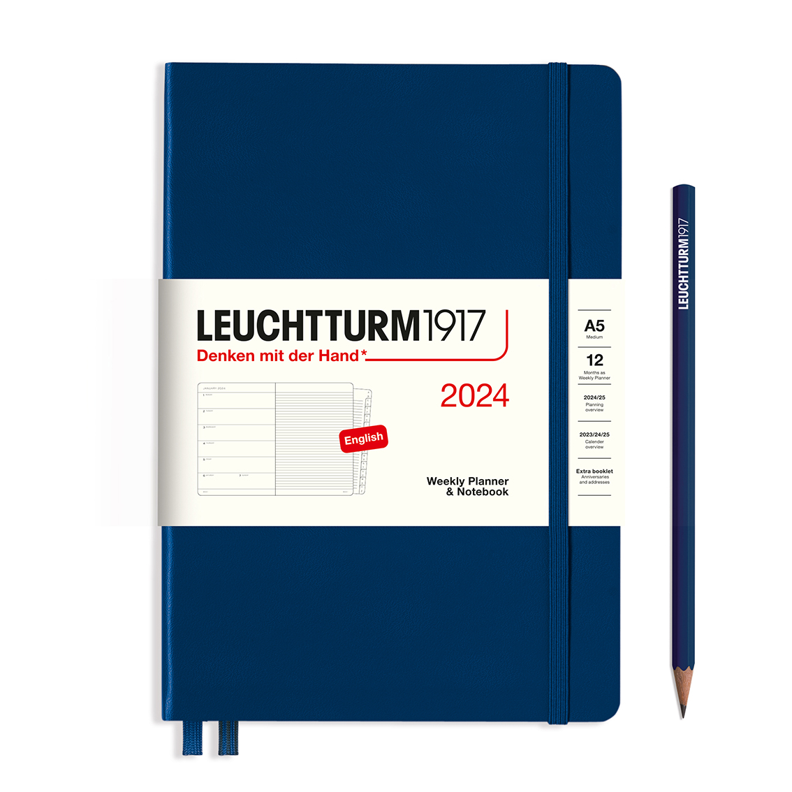 Weekly Planner & Notebook Medium (A5) 2024, with booklet, Navy, English