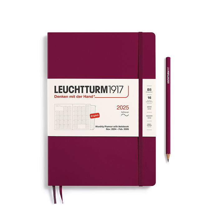 Monthly Planner & Notebook Composition (B5) 2025, 16 Months, Softcover, Port Red, English