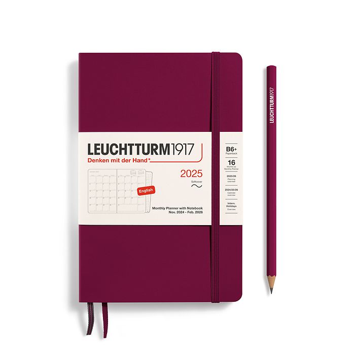 Monthly Planner & Notebook Paperback (B6+) 2025, 16 Months,  Softcover, Port Red, English